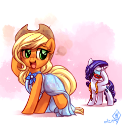 Size: 1450x1500 | Tagged: safe, artist:whitediamonds, derpibooru import, applejack, rarity, earth pony, pony, unicorn, g4, applejack's hat, bipedal, clothes, cowboy hat, cute, dress, duo, duo female, eyebrows, eyebrows visible through hair, eyes closed, eyeshadow, facehoof, female, freckles, glasses, hat, horn, jackabetes, lesbian, looking back, makeup, mare, measuring tape, open mouth, raised hoof, raised leg, rarijack, rarijack daily, rarity's glasses, shipping, signature, tail