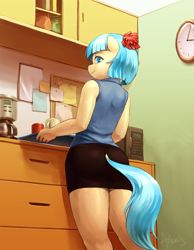 Size: 2813x3621 | Tagged: safe, artist:audrarius, derpibooru import, coco pommel, anthro, g4, bedroom eyes, clothes, coffee, dock, female, high res, looking at you, looking back, miniskirt, office, office lady, skirt, sleeveless, smiling, solo, stupid sexy coco pommel, tail, tanktop, thighs, tube skirt