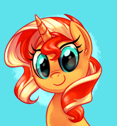 Size: 2312x2492 | Tagged: safe, artist:whitediamonds, derpibooru import, sunset shimmer, pony, unicorn, g4, bust, cute, cyan background, female, high res, horn, looking at you, mare, portrait, shimmerbetes, simple background, smiling, smiling at you, solo