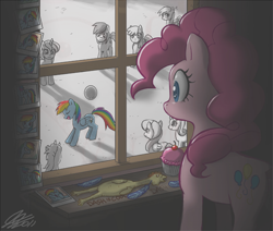 Size: 1200x1016 | Tagged: safe, artist:johnjoseco, derpibooru import, edit, derpy hooves, pinkie pie, rainbow dash, earth pony, pegasus, pony, unicorn, g4, background pony, ball, colored pupils, creepy, cupcake, dark, darkness, feather, female, folded wings, food, horn, indoors, lesbian, looking out the window, mare, obsession, open mouth, open smile, outdoors, photo, photoshop, pinkiedash, rubber chicken, shadow, shipping, shrine, smiling, so awesome, stalker, stalker shrine, sugarcube corner, window, wings, yandere, yandere pie