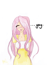 Size: 450x617 | Tagged: safe, artist:gijinka, derpibooru import, fluttershy, human, blushing, eyes closed, humanized, simple background, solo, white background, yay