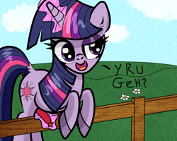 Size: 1500x1200 | Tagged: safe, artist:scandianon, derpibooru import, twilight sparkle, unicorn twilight, unicorn, censored, censorship, dialogue, female, fence, food, horn, implied anon, inappropriate, magic, mare, meat, open mouth, open smile, outdoors, sausage, smiling, solo, talking, telekinesis, unnecessary censorship, wat, wtf