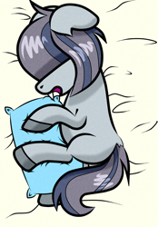 Size: 975x1400 | Tagged: safe, artist:scandianon, derpibooru import, oc, oc only, oc:dot matrix, bed, ears back, fat, female, mare, open mouth, pillow, sleeping, solo