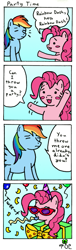 Size: 391x1278 | Tagged: safe, artist:tol-clover, derpibooru import, pinkie pie, rainbow dash, earth pony, pegasus, g4, 4 panel comic, 4koma, balloon, churuya, comic, confetti, glasses, hat, noisemaker, nyoro-n, parody, party, party hat