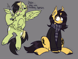 Size: 2871x2177 | Tagged: safe, artist:mxmx fw, derpibooru import, pegasus, pony, unicorn, clothes, drugs, duo, ear fluff, ears, flying, frank iero, gerard way, gray background, hoof polish, horn, joke, looking at each other, looking at someone, marijuana, my chemical romance, ponified, scarf, simple background, species swap, striped scarf, tattoo, two toned mane, wings