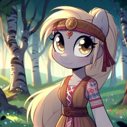 Size: 1024x1024 | Tagged: safe, ai content, derpibooru import, machine learning generated, derpy hooves, anthro, pegasus, big head, birch tree, blushing, clothes, cyrillic, female, prompter needed, russian, slavic, solo, tree