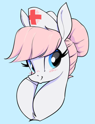 Size: 1427x1852 | Tagged: safe, artist:aquaticvibes, derpibooru import, nurse redheart, earth pony, pony, g4, blue background, blush lines, blushing, bust, cute, cyan background, female, heartabetes, hoof on cheek, looking at you, mare, portrait, simple background, smiling, smiling at you, solo