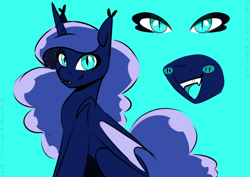 Size: 2048x1448 | Tagged: safe, artist:jellysketch, derpibooru import, princess luna, alicorn, bat pony, bat pony alicorn, g4, bat ponified, bat wings, blushing, cute, cute little fangs, fangs, female, folded wings, horn, looking at you, mare, open mouth, open smile, race swap, sitting, smiling, solo, species swap, wings