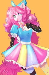 Size: 2995x4559 | Tagged: safe, artist:peanutfrogy, derpibooru import, pinkie pie, human, equestria girls, g4, belt, bow, clothes, cute, diapinkes, dress, female, gloves, orange background, ponied up, ribbon, simple background, solo, sparkly mane, stockings, thigh highs, tongue, tongue out