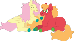 Size: 2657x1476 | Tagged: safe, artist:lepoppeta, derpibooru import, big macintosh, fluttershy, earth pony, pegasus, pony, colored hooves, duo, duo male and female, eyes closed, female, fluttermac, long mane, lying down, male, mare, missing accessory, missing cutie mark, playing with hair, prone, shipping, simple background, smiling, stallion, straight, transparent background