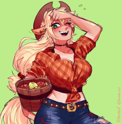 Size: 3742x3800 | Tagged: safe, artist:rumblyf, derpibooru import, applejack, human, apple, applerack, breasts, bucket, clothes, denim, eared humanization, female, food, front knot midriff, green background, high res, humanized, jeans, light skin, looking at you, midriff, open mouth, open smile, pants, ripped pants, shirt, simple background, smiling, smiling at you, solo, tail, tailed humanization, torn clothes