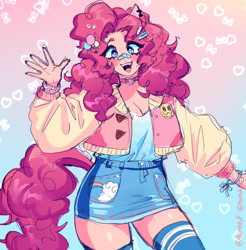 Size: 3742x3800 | Tagged: safe, artist:rumblyf, derpibooru import, pinkie pie, human, bandaid, bandaid on nose, blushing, breasts, cleavage, clothes, eared humanization, gradient background, high res, humanized, jacket, light skin, looking at you, open mouth, open smile, skirt, smiling, smiling at you, socks, solo, tail, tailed humanization, thigh highs, waving, waving at you