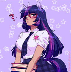 Size: 3742x3800 | Tagged: safe, artist:rumblyf, derpibooru import, twilight sparkle, human, book, breasts, clothes, eared humanization, female, glasses, headlight sparkle, high res, horn, horned humanization, humanized, looking at you, necktie, plaid skirt, purple background, question mark, school uniform, simple background, skirt, solo, starry background, tail, tailed humanization, tan skin