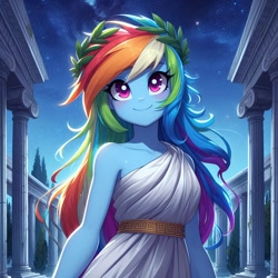 Size: 1024x1024 | Tagged: safe, ai content, derpibooru import, generator:bing image creator, generator:dall-e 3, machine learning generated, rainbow dash, human, equestria girls, g4, ancient greece, blushing, clothes, cute, dashabetes, greek, greek clothes, laurel wreath, night, prompter:tychotma-1, smiling, solo, stars, temple, toga, tree, tunic