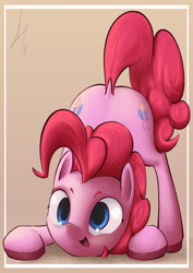 Size: 1240x1754 | Tagged: safe, artist:a6c75, derpibooru import, pinkie pie, earth pony, pony, colored hooves, cute, face down ass up, female, gradient background, jack-o challenge, mare, meme, solo