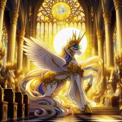 Size: 1024x1024 | Tagged: source needed, safe, ai content, derpibooru import, generator:bing image creator, generator:dall-e 3, machine learning generated, princess celestia, alicorn, armor, cathedral, clothes, crown, dress, eyes closed, feral, gold, halo, jewelry, prompter needed, regalia, smiling, solo, stained glass