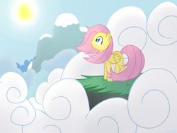 Size: 1600x1200 | Tagged: safe, artist:miketheuser, derpibooru import, fluttershy, pegasus, pony, g4, cliff, cloud, female, mare, solo, sun