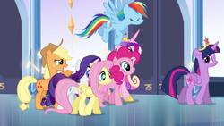 Size: 1920x1080 | Tagged: safe, derpibooru import, screencap, applejack, fluttershy, pinkie pie, princess cadance, rainbow dash, rarity, twilight sparkle, twilight sparkle (alicorn), alicorn, earth pony, pegasus, pony, unicorn, equestria girls, g4, alicorn horn, applejack's hat, big crown thingy, blushing, clothes, cowboy hat, crown, crystal empire, element of magic, flying, folded wings, hat, horn, implied flash sentry, implied flashlight, implied shipping, implied straight, jewelry, long hair, long horn, long mane, long tail, mane six, my little pony equestria girls, regalia, sisters-in-law, spread wings, tail, unicorn horn, walking, wings, wings down