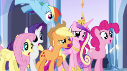 Size: 1920x1080 | Tagged: safe, derpibooru import, screencap, applejack, fluttershy, pinkie pie, princess cadance, rainbow dash, rarity, alicorn, earth pony, pegasus, pony, unicorn, equestria girls, g4, alicorn horn, applejack's hat, clothes, cowboy hat, crown, crystal empire, flying, folded wings, hat, horn, jewelry, long hair, long horn, long mane, long tail, my little pony equestria girls, regalia, spread wings, tail, unicorn horn, walking, wings, wings down