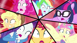 Size: 1280x720 | Tagged: safe, derpibooru import, screencap, applejack, fluttershy, pinkie pie, rainbow dash, rarity, sci-twi, sunset shimmer, twilight sparkle, human, better together, cheer you on, equestria girls, g4, applejack's hat, clothes, cowboy hat, female, glasses, hat, horrified, humane five, humane seven, humane six