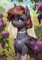 Size: 720x1024 | Tagged: safe, ai content, alternate version, derpibooru import, generator:pony diffusion v6 xl, generator:stable diffusion, machine learning generated, oc, oc only, bat pony, clothes, dress, flower, prompter:radioglitch, solo, wedding dress