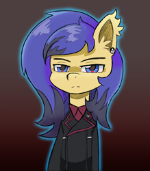 Size: 3330x3805 | Tagged: safe, artist:mikeylokey, derpibooru import, oc, oc only, oc:skyé, bat pony, pony, black mane, black uniform, blue eyes, blue outline, clothes, disappointed, ear fluff, ear piercing, ears, emo, emo hair, femboy, gradient background, kuromorimine, looking at you, male, military uniform, piercing, purple mane, red shirt, solo, squint, stallion, unamused, uniform