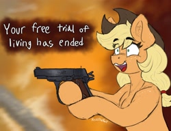 Size: 2500x1920 | Tagged: safe, artist:reddthebat, derpibooru import, applejack, earth pony, pony, g4, bust, cowboy hat, crazy smile, dialogue, ear fluff, ears, eye clipping through hair, eyebrows, eyebrows visible through hair, female, freckles, gun, handgun, hat, hoof hold, m1911, mare, open mouth, open smile, pistol, shoulder freckles, smiling, solo, stetson, weapon