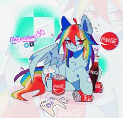 Size: 1244x1195 | Tagged: safe, artist:emoboy130, derpibooru import, rainbow dash, pegasus, pony, g4, :3, abstract background, ahoge, bandaid, big ears, bottle, can, checkered, coca-cola, coke, colored pinnae, controller, drink, ear fluff, ear piercing, earring, ears, emanata, eye clipping through hair, eyebrows, eyebrows visible through hair, female, jewelry, looking away, mare, partially open wings, piercing, product placement, signature, smiling, soda, soda bottle, soda can, solo, wingding eyes, wings, zoom layer