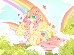 Size: 4000x3000 | Tagged: safe, artist:jezebel_remedy, derpibooru import, fluttershy, butterfly, pegasus, pony, g4, :<, alternate hairstyle, cloud, coat markings, colored wings, cute, ears, female, floppy ears, flower, flower in hair, grass, heart, high res, mare, rainbow, shyabetes, sitting, sky, solo, spread wings, two toned wings, wings