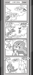 Size: 1451x3300 | Tagged: safe, artist:loreto-arts, derpibooru import, princess celestia, princess flurry heart, spike, dragon, pony, comic:friendship is innuendo, comic:friendship is innuendo vol. 2, monochrome, winged spike, wings