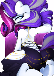 Size: 2894x4093 | Tagged: safe, artist:ahekao, derpibooru import, rarity, pony, semi-anthro, unicorn, g4, black dress, butt, clothes, dress, horn, looking at you, looking back, older, older rarity, plot, sexy, solo