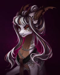 Size: 1633x2048 | Tagged: safe, artist:rozmed, derpibooru import, oc, oc only, original species, pony, abstract background, chains, chest fluff, commission, ear fluff, ear piercing, earring, ears, fangs, female, jewelry, mare, multiple eyes, piercing, solo, wing ears, wings