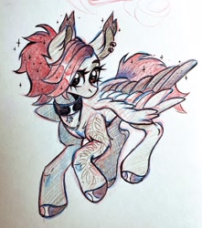 Size: 1686x1911 | Tagged: safe, artist:rozmed, derpibooru import, oc, oc only, bat pony, pony, choker, ear piercing, earring, female, jewelry, mare, necklace, piercing, solo, traditional art