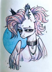 Size: 1475x2048 | Tagged: safe, artist:rozmed, derpibooru import, oc, oc only, bat pony, pony, abstract background, choker, ear piercing, earring, eyebrow piercing, female, jewelry, mare, necklace, piercing, slender, solo, sternocleidomastoid, thin, traditional art