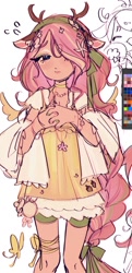 Size: 440x907 | Tagged: safe, artist:setomie, derpibooru import, fluttershy, human, antlers, clothes, deer ears, dress, female, flower, flower in hair, freckles, humanized, jewelry, mare, necklace, solo, wip