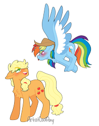Size: 2177x2782 | Tagged: safe, artist:artistcoolpony, derpibooru import, applejack, rainbow dash, earth pony, pegasus, pony, :p, accessory theft, appledash, applejack's hat, blushing, chest fluff, clothes, coat markings, cowboy hat, cute, dashabetes, duo, duo female, female, flying, freckles, hat, jackabetes, lesbian, looking at each other, looking at someone, mare, open mouth, shipping, simple background, tongue, tongue out, transparent background