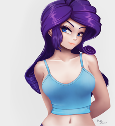 Size: 912x1000 | Tagged: safe, artist:the-park, derpibooru import, rarity, human, arm behind back, bare shoulders, belly button, clothes, female, humanized, midriff, simple background, sleeveless, solo, tanktop, white background