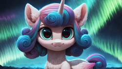 Size: 2560x1440 | Tagged: safe, ai content, derpibooru import, generator:pony diffusion v6 xl, generator:stable diffusion, machine learning generated, princess flurry heart, alicorn, pony, g4, aurora borealis, big eyes, cute, female, filly, flurrybetes, foal, high res, looking at you, prompter:truekry, smiling, smiling at you, solo, wallpaper