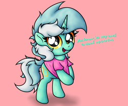 Size: 2478x2056 | Tagged: safe, artist:background basset, derpibooru import, lyra heartstrings, pony, unicorn, clothes, cute, dialogue, female, horn, looking at you, lyrabetes, mare, open mouth, shirt, shirt pull, simple background, solo, standing, text