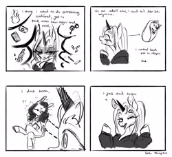 Size: 2048x1871 | Tagged: safe, artist:rottengotika, derpibooru import, oc, oc only, pony, unicorn, 4 panel comic, comic, duo, horn, unicorn oc