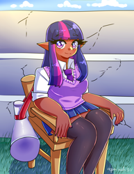 Size: 2975x3850 | Tagged: safe, artist:mylittleyuri, derpibooru import, twilight sparkle, human, blushing, chair, clothes, cute, dark skin, elf ears, female, humanized, megaphone, necktie, redraw, shirt, sitting, skirt, socks, solo, stockings, sweater vest, thigh highs, twiabetes