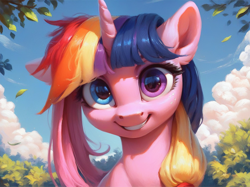 Size: 1200x896 | Tagged: safe, ai content, derpibooru import, generator:pony diffusion v6 xl, generator:stable diffusion, machine learning generated, applejack, fluttershy, pinkie pie, rainbow dash, rarity, twilight sparkle, pony, g4, bust, female, fusion, mane six, mare, portrait, prompter:star-dragon, smiling, we have become one
