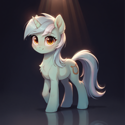 Size: 2048x2048 | Tagged: safe, ai content, derpibooru import, generator:pony diffusion v6 xl, generator:stable diffusion, machine learning generated, lyra heartstrings, pony, unicorn, g4, black background, chest fluff, ear fluff, ears, female, fur, gradient background, horn, leg fluff, looking at you, mare, prompter:adorablebluefox, raised leg, reflection, simple background, solo, spotlight, standing