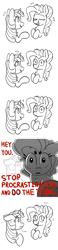 Size: 1000x4300 | Tagged: safe, artist:pink-pone, derpibooru import, pinkie pie, twilight sparkle, earth pony, pony, ..., breaking the fourth wall, bust, comic, duo, duo female, emanata, female, fourth wall, grayscale, looking at you, monochrome, partial color, simple background, sweat, sweatdrop, talking to viewer, white background