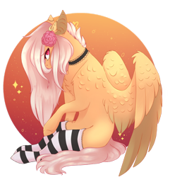 Size: 2402x2496 | Tagged: safe, artist:pixelberrry, derpibooru import, oc, oc:linh, pegasus, pony, choking, clothes, ear piercing, earring, female, flower, flower in hair, jewelry, mare, piercing, socks, solo, striped socks