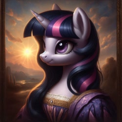 Size: 1024x1024 | Tagged: source needed, safe, ai content, derpibooru import, generator:dall-e 3, machine learning generated, twilight sparkle, anthro, female, fine art parody, mare, mona lisa, painting, prompter needed, solo