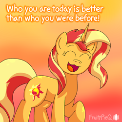 Size: 1000x1000 | Tagged: safe, artist:fruiitypieq, derpibooru import, sunset shimmer, pony, unicorn, g4, dialogue, eyes closed, female, happy, horn, open mouth, open smile, positive ponies, smiling, solo