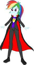 Size: 828x1580 | Tagged: safe, artist:invisibleink, derpibooru import, rainbow dash, undead, vampire, equestria girls, g4, cape, clothes, fangs, female, halloween, holiday, jewelry, monster, necklace, pants, sharp teeth, shoes, simple background, solo, suit, teeth, transparent background, vest