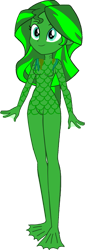 Size: 523x1532 | Tagged: safe, artist:invisibleink, derpibooru import, sunset shimmer, equestria girls, g4, female, fins, flippers, gills, green skin, halloween, holiday, monster, scales, simple background, solo, swamp creature, transparent background, webbed feet, webbed fingers