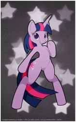 Size: 722x1149 | Tagged: safe, artist:autumndeer, derpibooru import, twilight sparkle, unicorn twilight, pony, semi-anthro, unicorn, g4, abstract background, belly button, bipedal, female, mare, smiling, solo